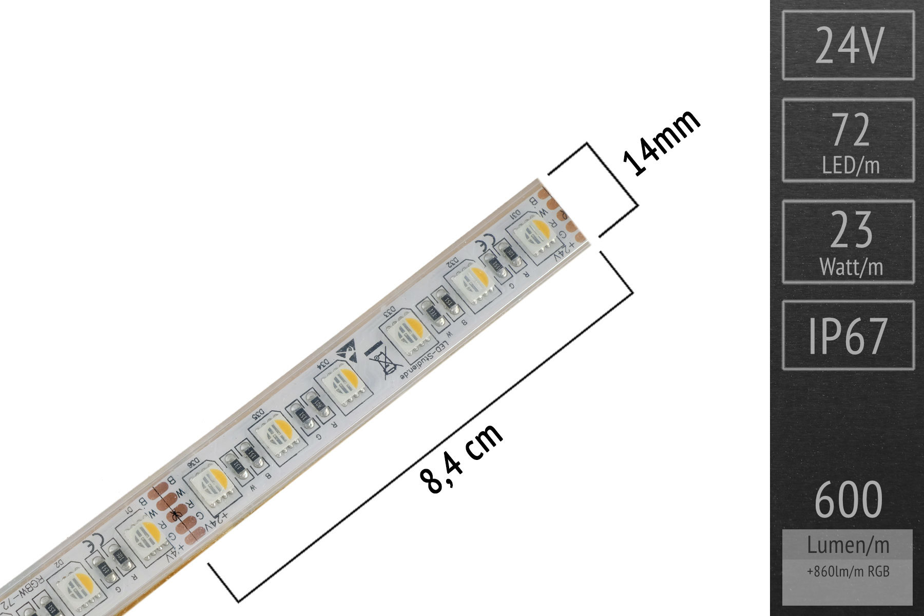 RGBWW 4in1 in silicone tube: 72 LEDs/m - IP67 - 14mm wide