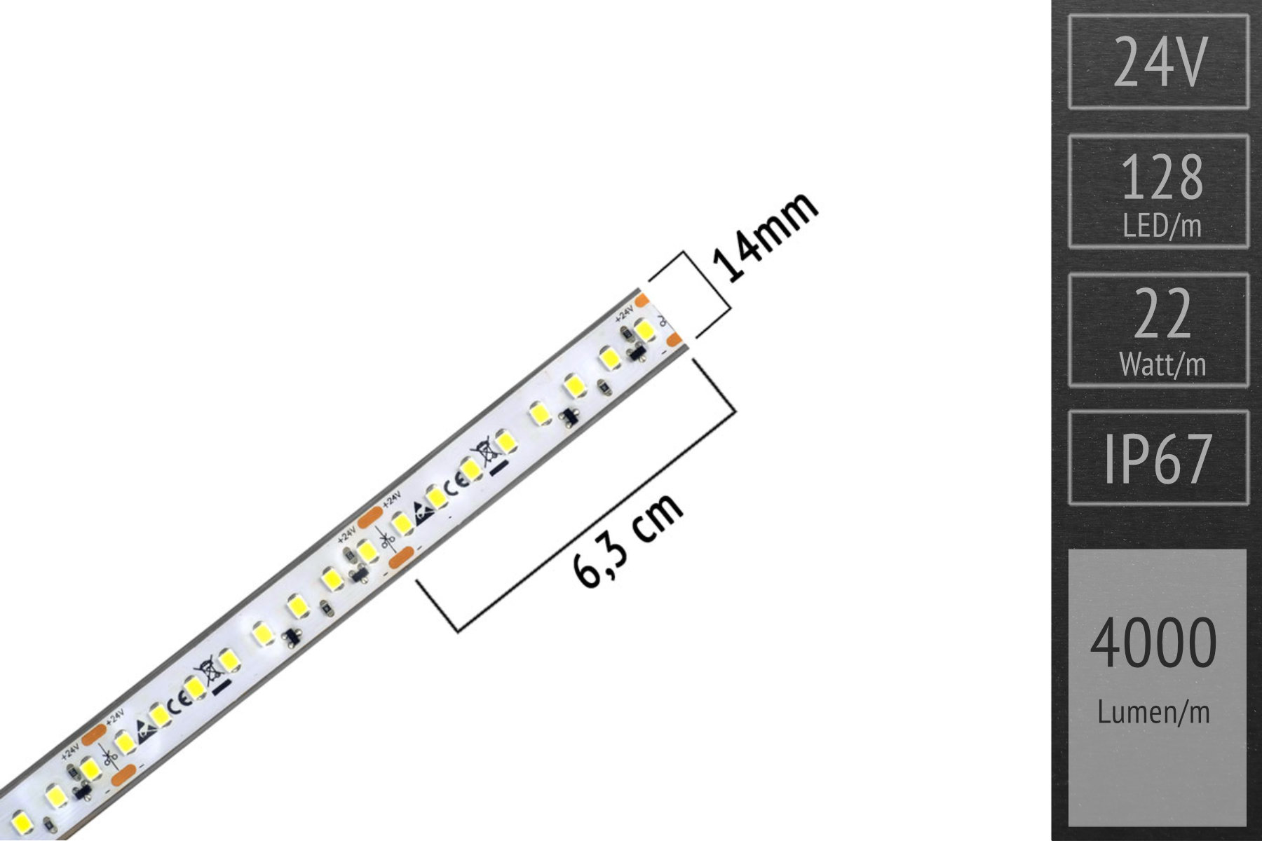 Hellster Streifen im Programm: LED-Streifen 2835 HE - 128 LED/m - 4.000 lm/m - 4.000K neutralweiß - IP67 5m-Rolle
