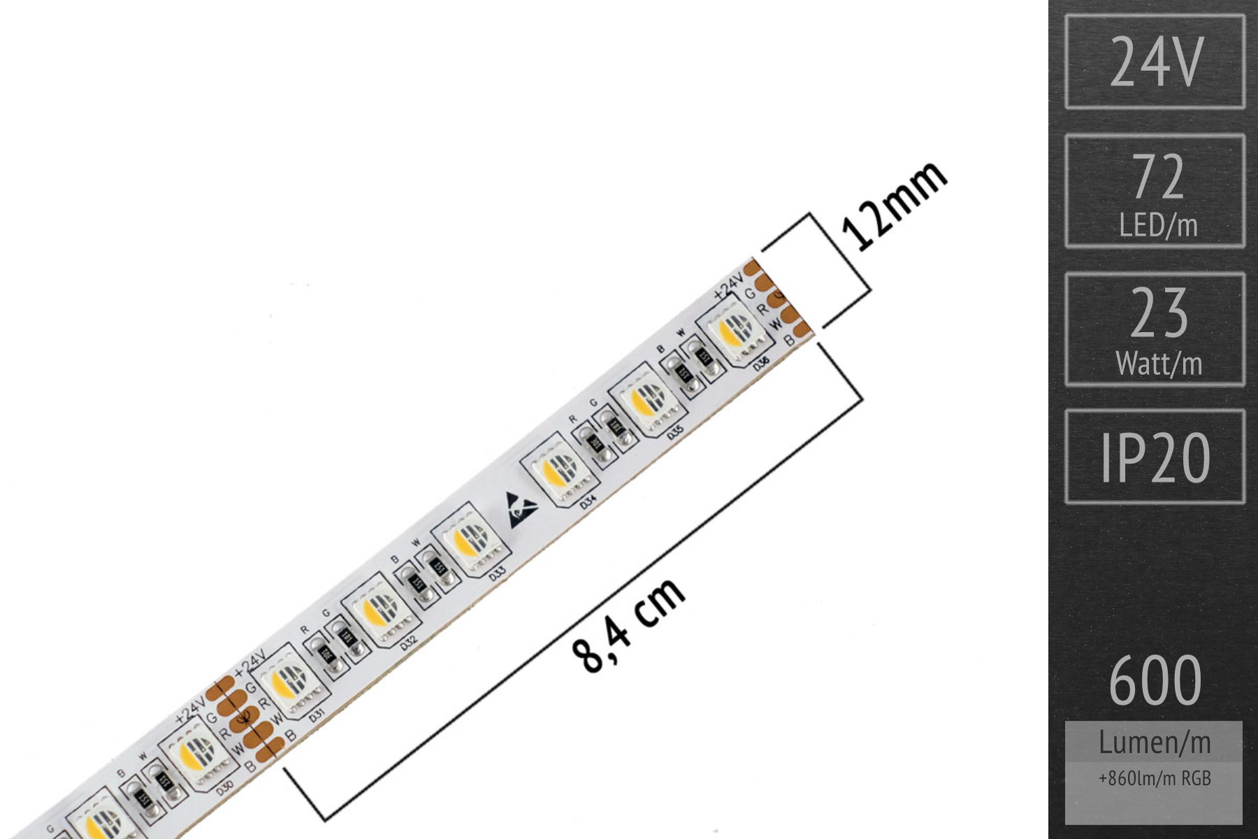 RGBWW für Akzentbeleuchtung: 4in1-LEDs - 72 LEDs/m - 24V - IP20 5m-Rolle