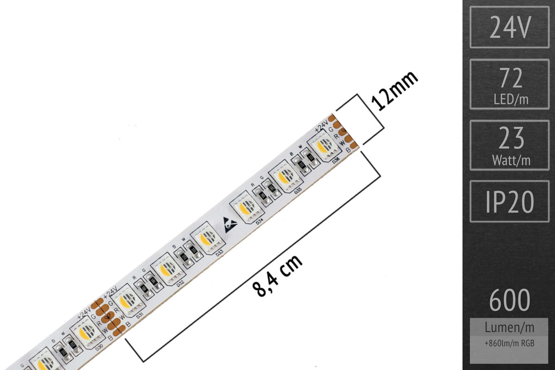 RGBWW for accent lighting: 4in1 LEDs - 72 LEDs/m - 24V - IP20 5m roll