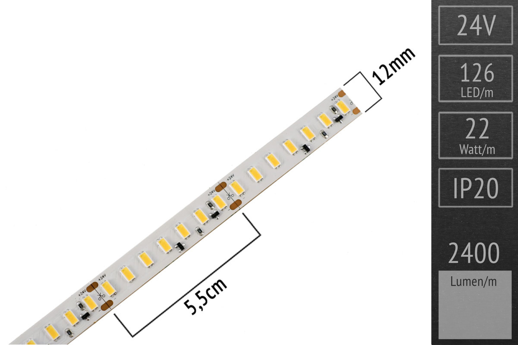Highest colour quality with CRI>95: LED strip 5630 - 126 LED/m - 2,400 lm/m - 3.000K warm white - IP20 5m roll