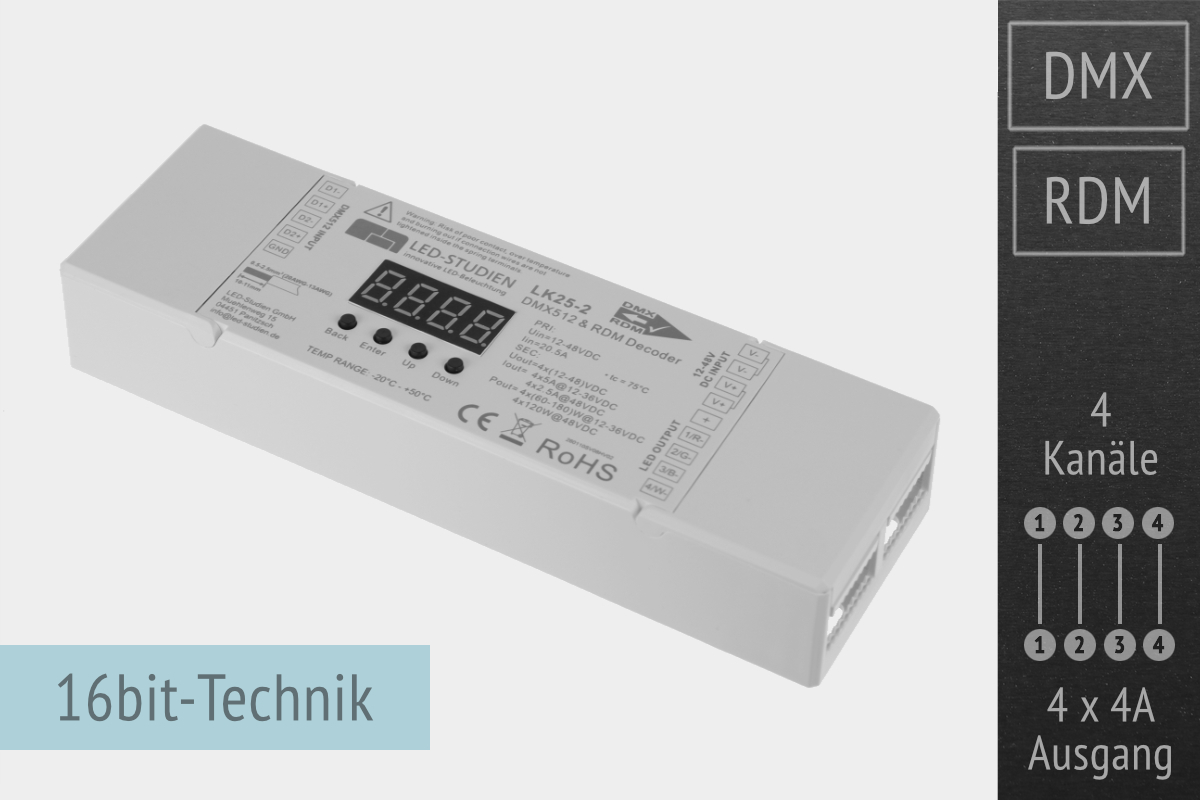 4-Kanal DMX/RDM LED-Controller | 12-48VDC | 4x2,5/5A | 30kHz | 16 Bit