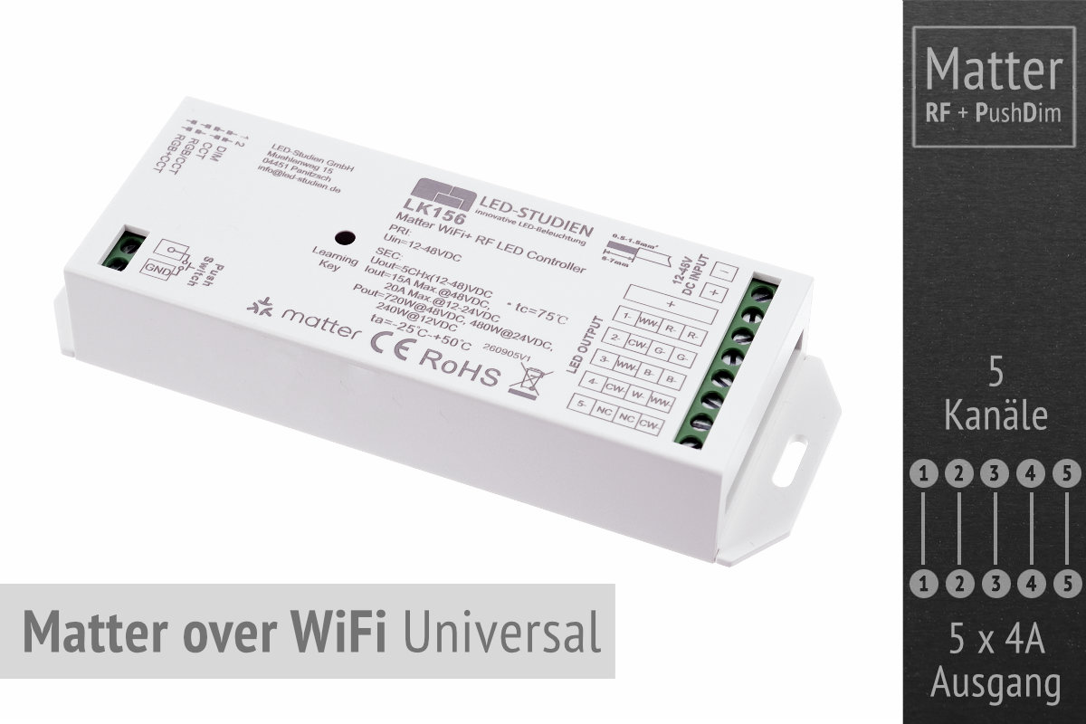 Matter over WiFi universal LED controller | 5 x 4A