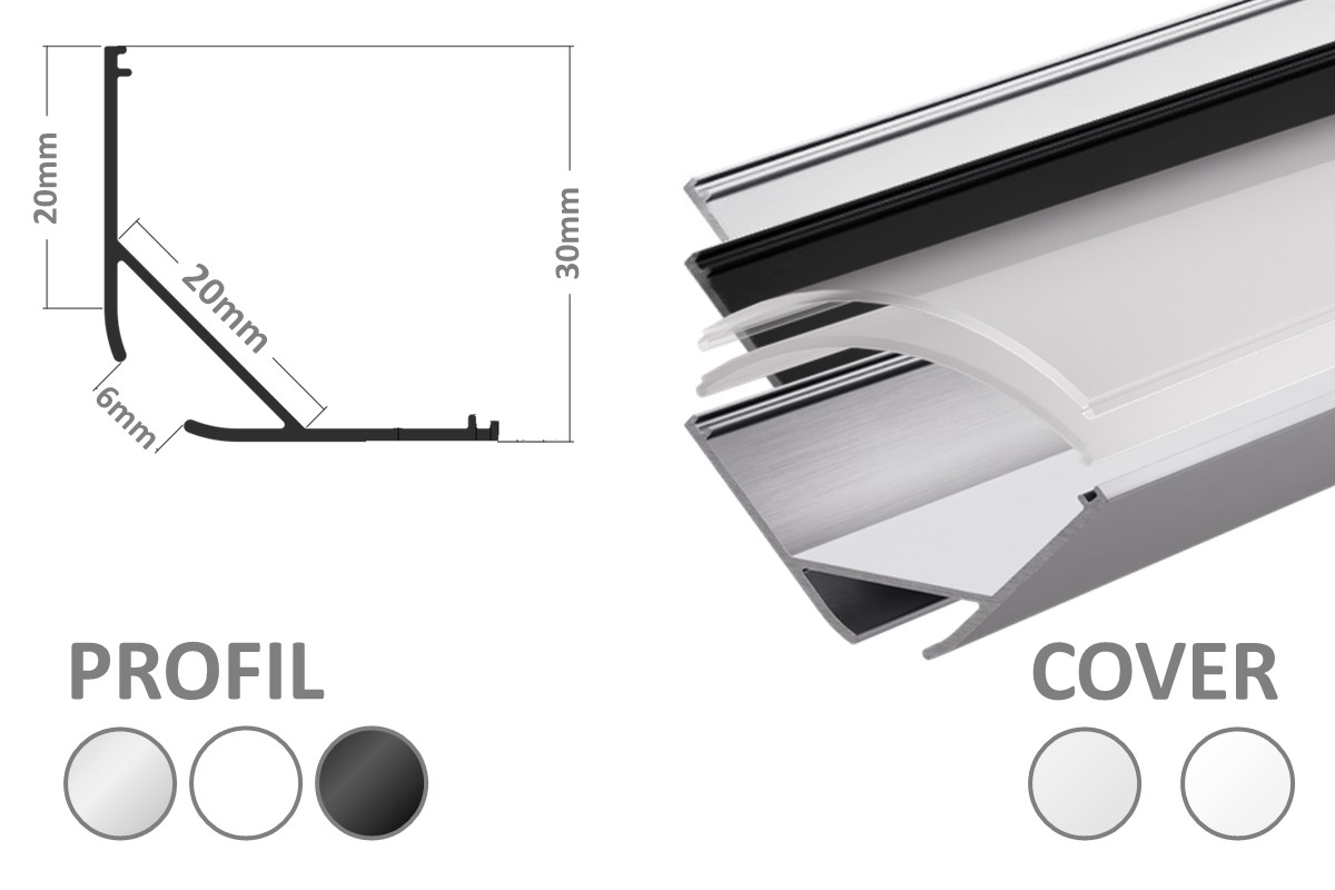 2m LED-Eckprofil 45° W20 2m LED-Eckprofil 45° W20