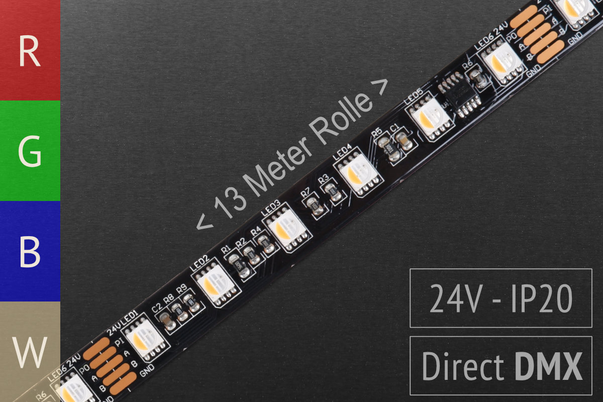 Direkt über DMX steuerbare RGBW Pixel-LED-Streifen | 24V | 13m Rolle