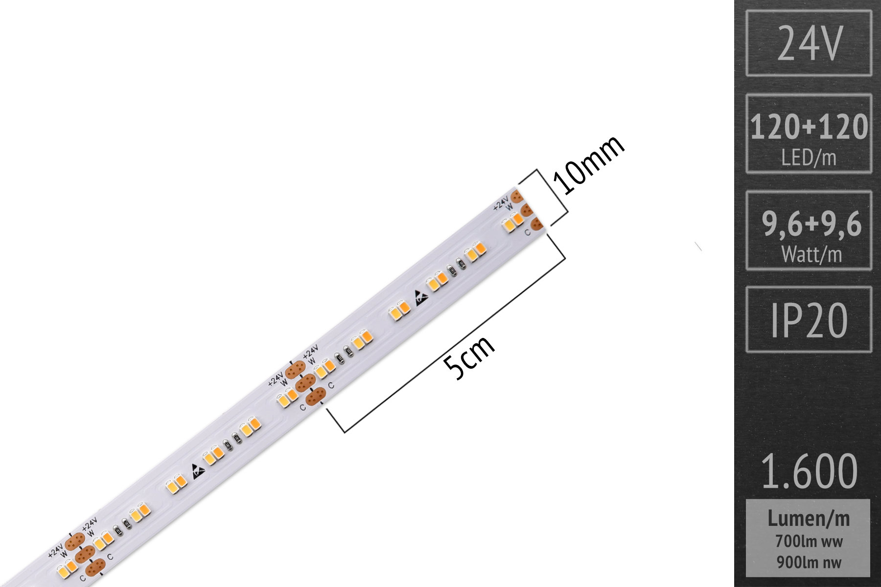 Extra warm white - CRI>95 - 240 LEDs/m - 600 + 800lm/m