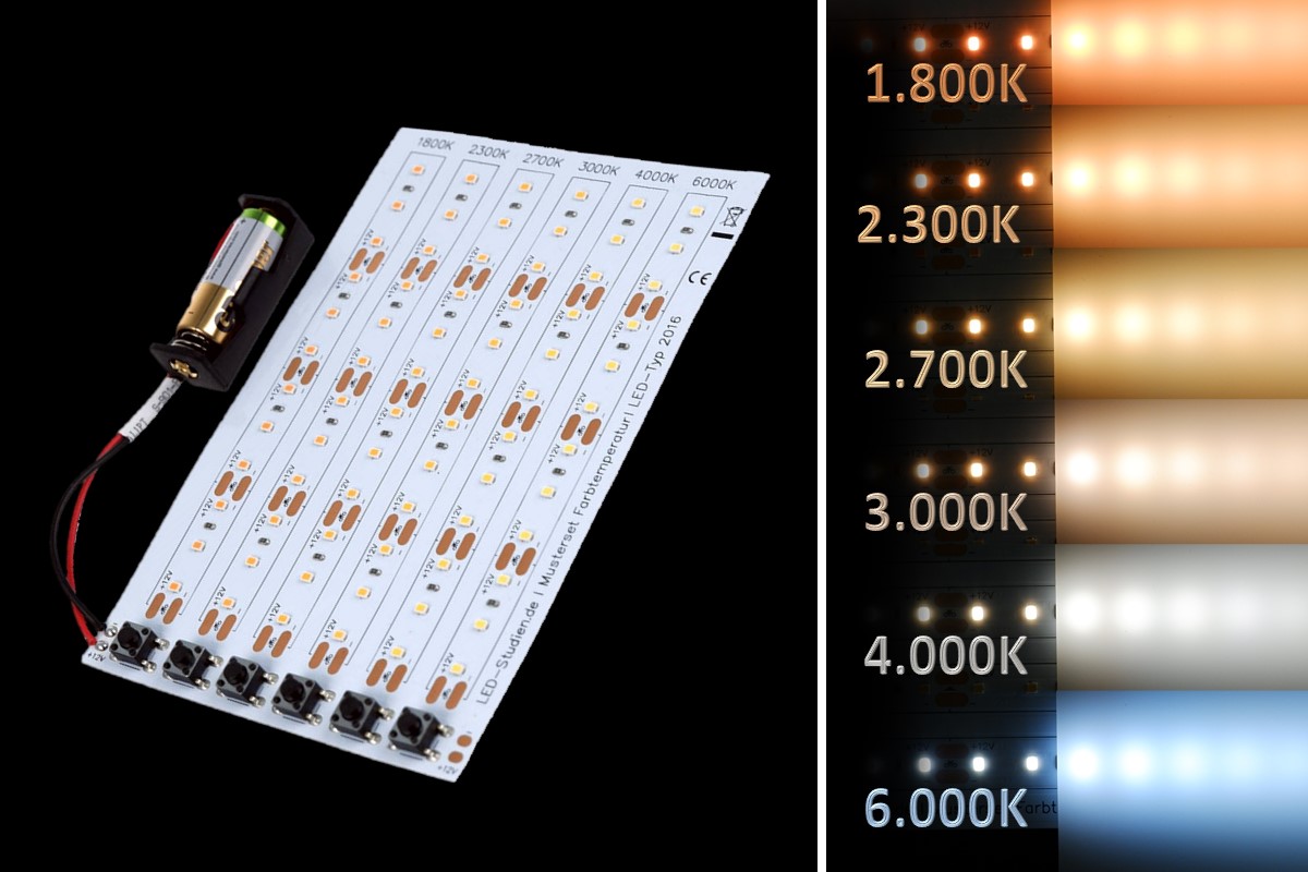 Musterset LED Farbtemperatur: 1.800 | 2.300 | 2.700 | 3.000 | 4.000 | 6.000K  Musterset LED Farbtemperatur: 1.800 | 2.300 | 2.700 | 3.000 | 4.000 | 6.000K