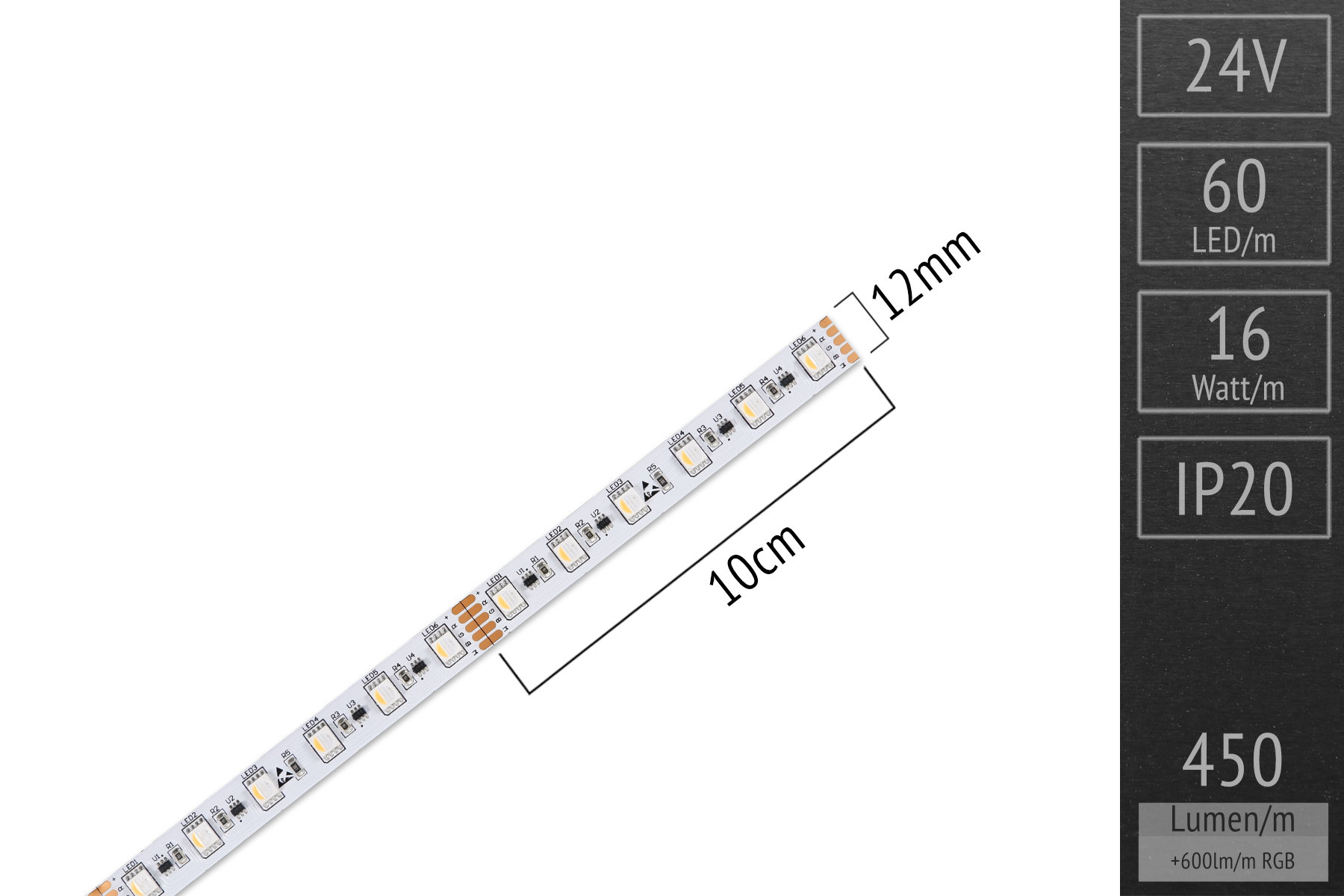 Sold by meter: LED-Strip RGBWW, 24V, IP54, 12mm wide