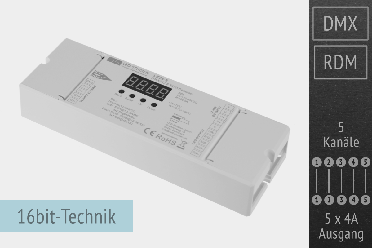 5-Kanal DMX/RDM LED-Controller | 12-48VDC | 5x2,5/5A | 30kHz | 16 Bit