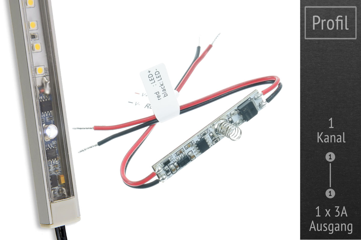 Mini LED-Dimmer für Aluprofile - Touch | 12-24V | 1x3A Mini LED-Dimmer für Aluprofile - Touch | 12-24V | 1x3A