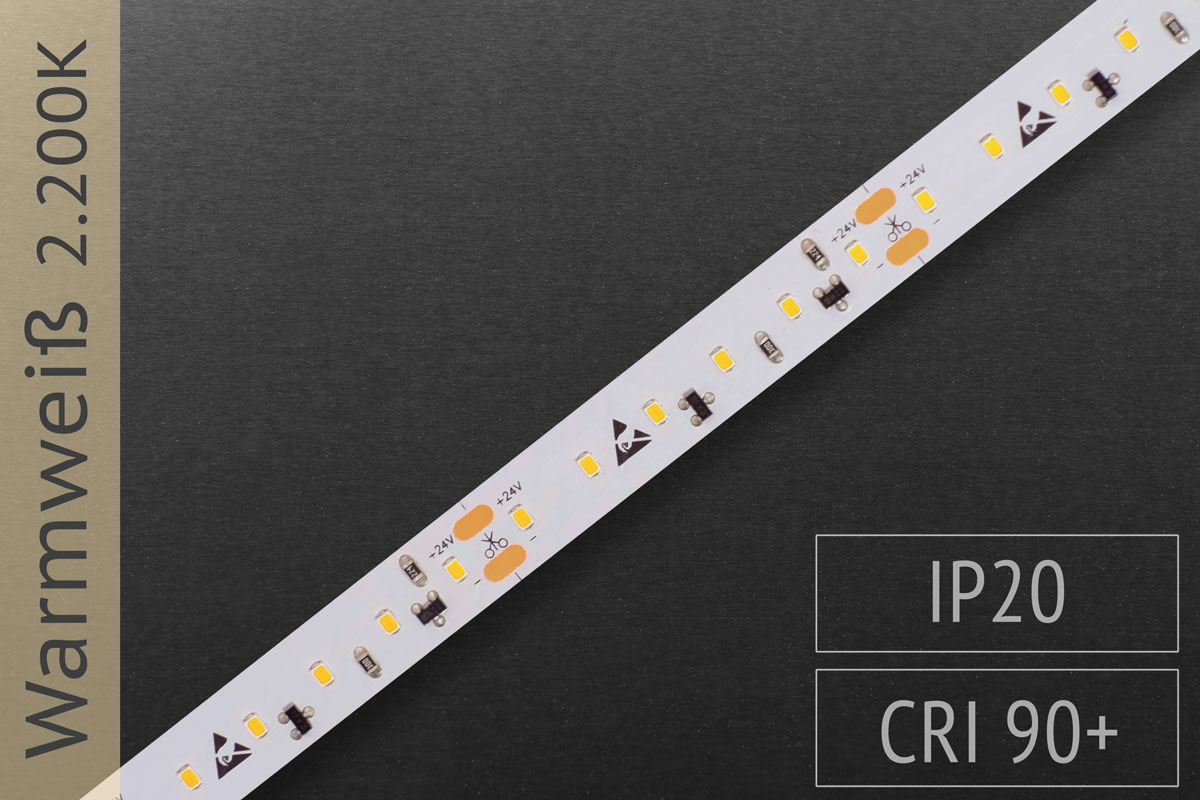 Accent applications: LED Strip 2016 -120 LED/m - 900 lm/m - 2.200K warm white - IP20 5m roll Colour temperature: 2.200K warm / Water protection: IP20 without waterprotection