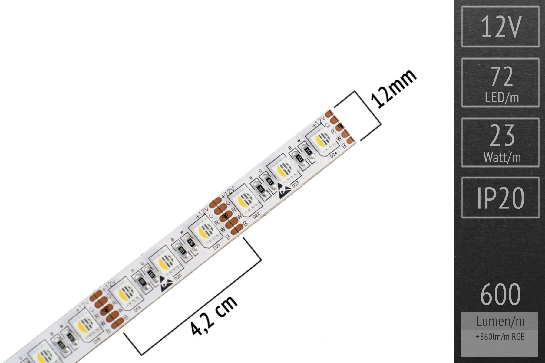 RGBWW for accent lighting: 4in1 LEDs - 72 LEDs/m - 12V - IP20 10m roll