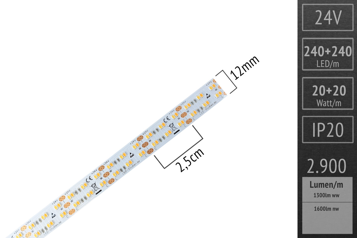Extra warm white - CRI>95 - 480 LEDs/m - 1.300 + 1.600lm/m