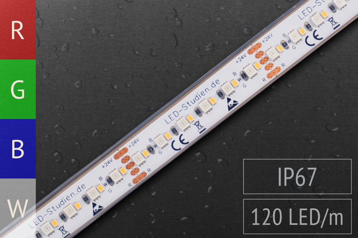 RGB+W im Silikonschlauch: Hochdicht 120+120 LEDs/m - IP67 wasserfest RGB+W im Silikonschlauch: Hochdicht 120+120 LEDs/m - IP67 wasserfest