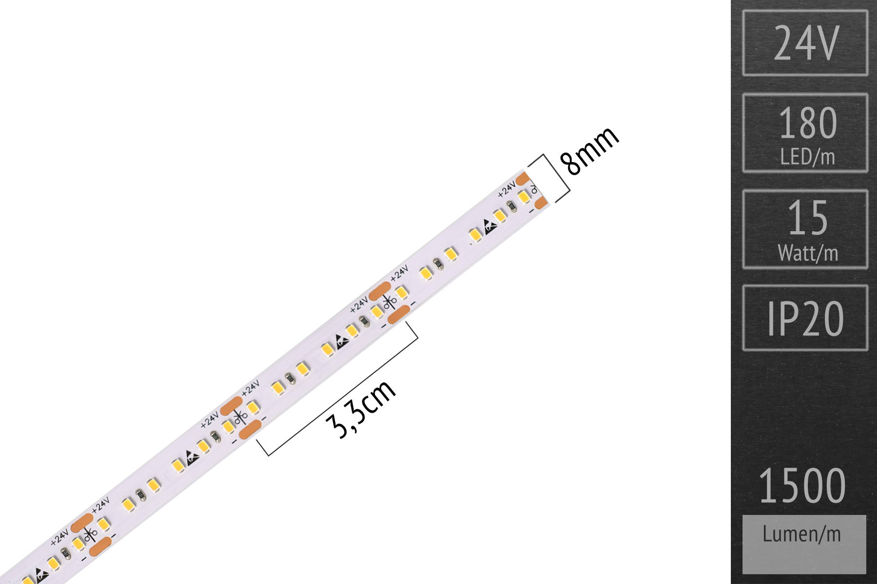 High density LED strip 2016 - 180 LED/m - 1,500 lm/m - 6.500K warm white - IP20 5m roll