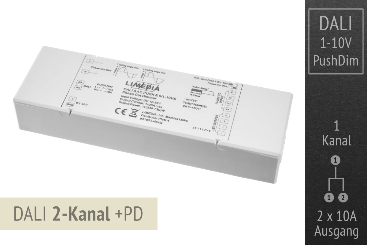 Multi LED driver for DALI, 1-10V, PushDim & PhaseCut | 2 x 10A