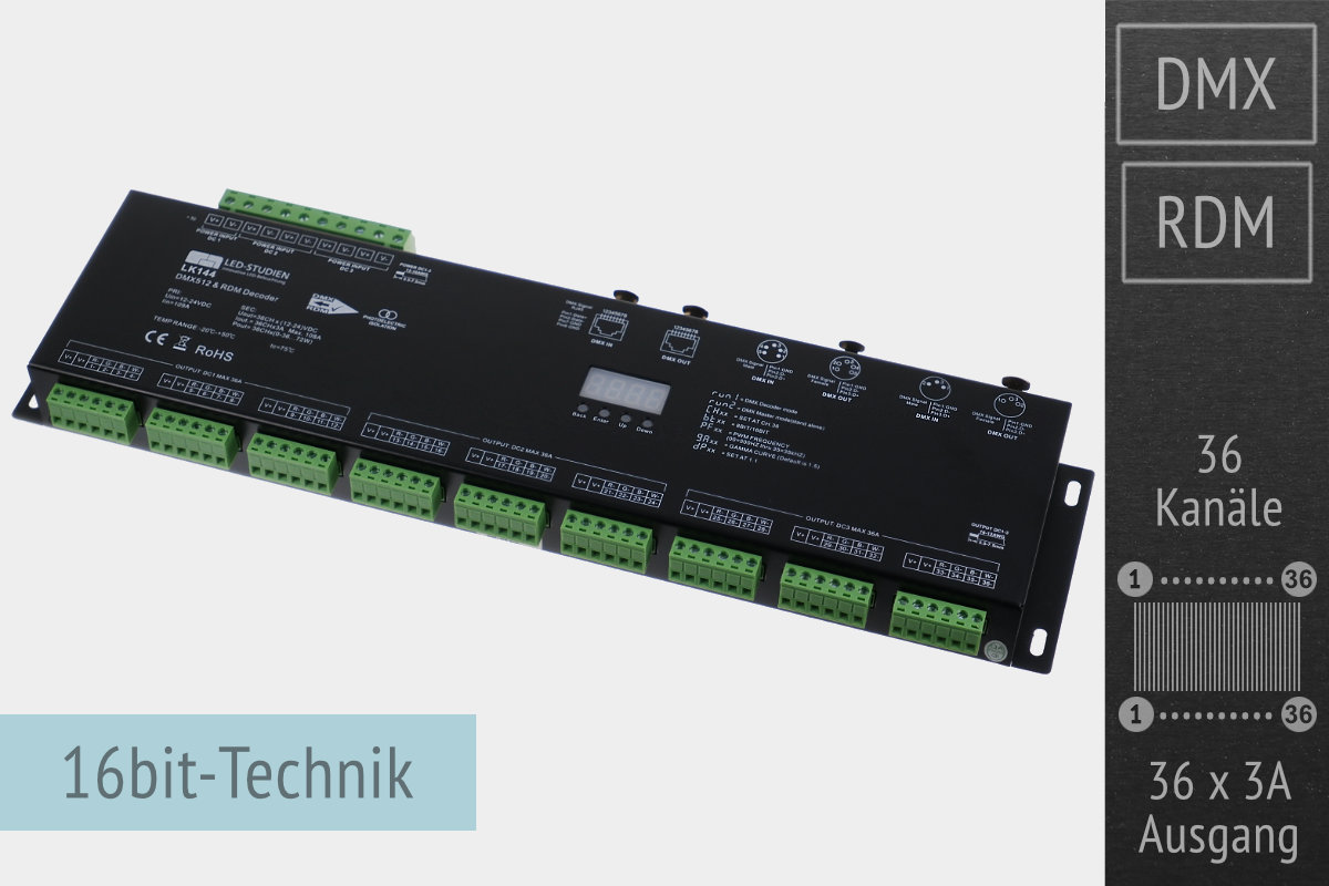 36-Kanal DMX/RDM LED-Controller, 36x3A, 35kHz, 16 Bit 36-Kanal DMX/RDM LED-Controller, 36x3A, 35kHz, 16 Bit