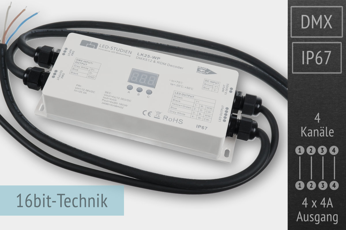 4-Kanal DMX/RDM LED-Controller, 4x4A, 30kHz, 16 Bit - IP67 4-Kanal DMX/RDM LED-Controller, 4x4A, 30kHz, 16 Bit - IP67