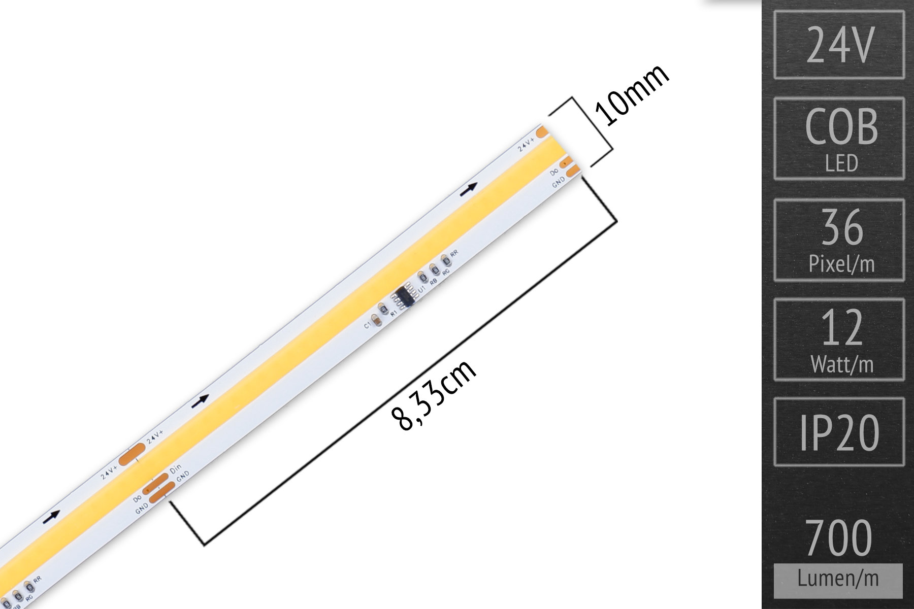 Digital white COB LED strip WS2811 - 24V - 36 Pixel/m | 3000K warmwhite