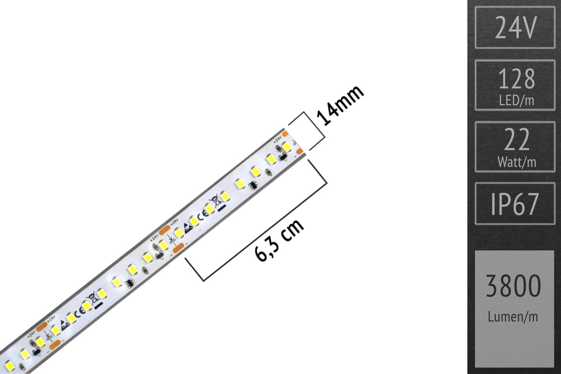 Hellster Streifen im Programm: LED-Streifen 2835 HE - 128 LED/m - 3.800 lm/m - 3.000K warmweiß - IP67 5m-Rolle