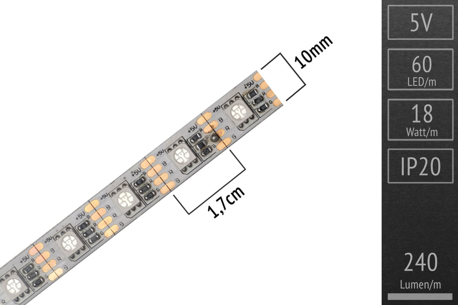 1m LED strip RGB 3in1 5 Volt: 60 LEDs/m - 18 W/m