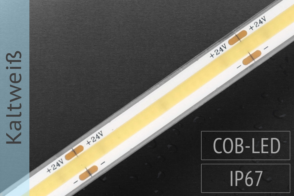 Neuheit: COB LED-Streifen - keine LEDs sichtbar - 1.400 lm/m - 6.000K kaltweiß - IP67 5m-Rolle