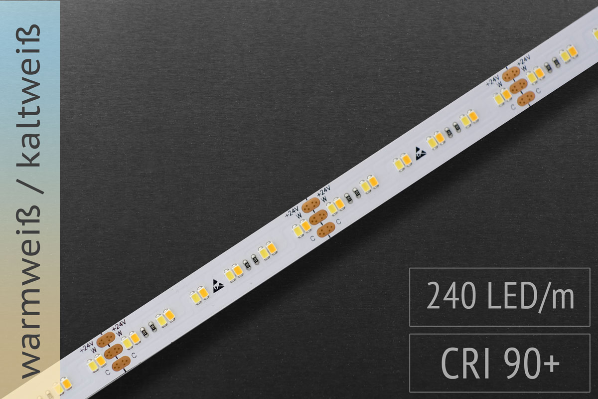 Einstellbare Farbtemperatur (CCT): 24 Volt - CRI>90 - 240 LEDs/m - 800 + 900lm/m