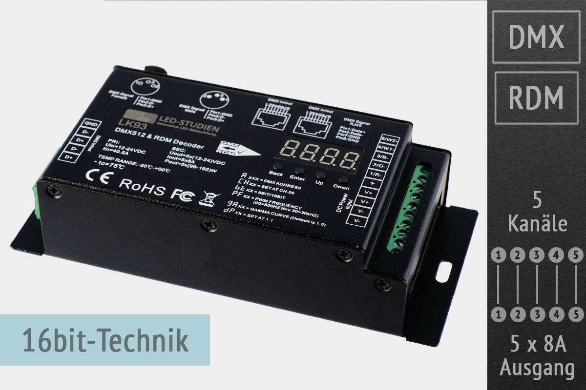 Abverkauf: 5-Kanal DMX/RDM LED-Controller, 5x8A, 30kHz, 16 Bit - XLR-3